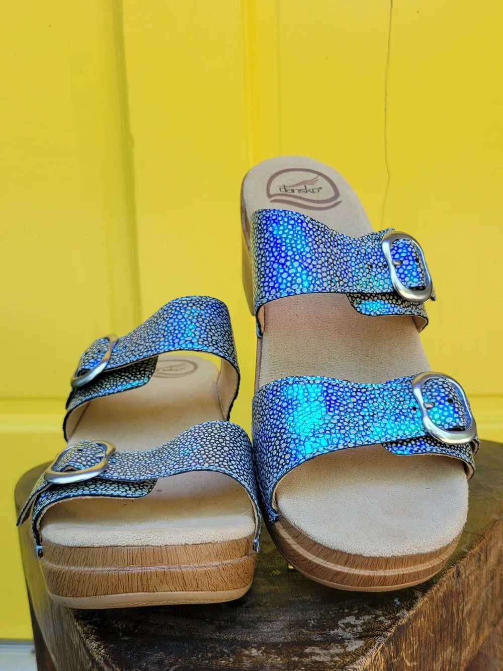 Dansko Sophie Iridescent Blue Leather Platform Slide Sandals EU 40 - Picture 1 of 13